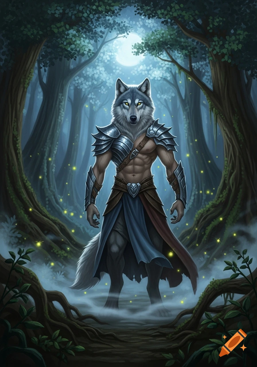 Muscular armored werewolf stands in a misty, moonlit fantasy forest with glowing fireflies, digital art.