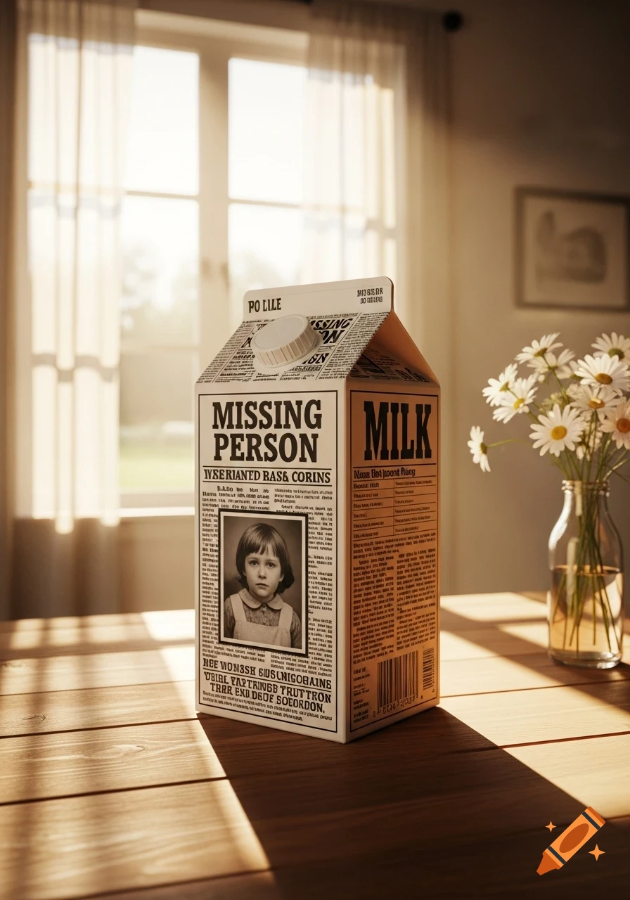 Photorealistic milk carton featuring a 'MISSING PERSON' ad with a child's photo, on a sunlit wooden table next to daisies.