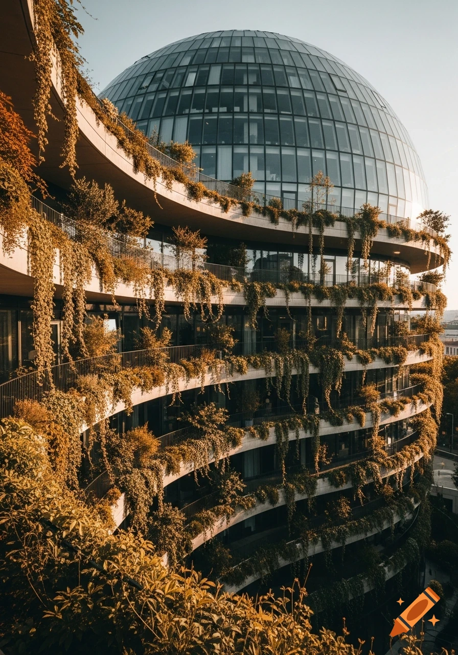 A futuristic building with a spherical glass dome and curved balconies ...