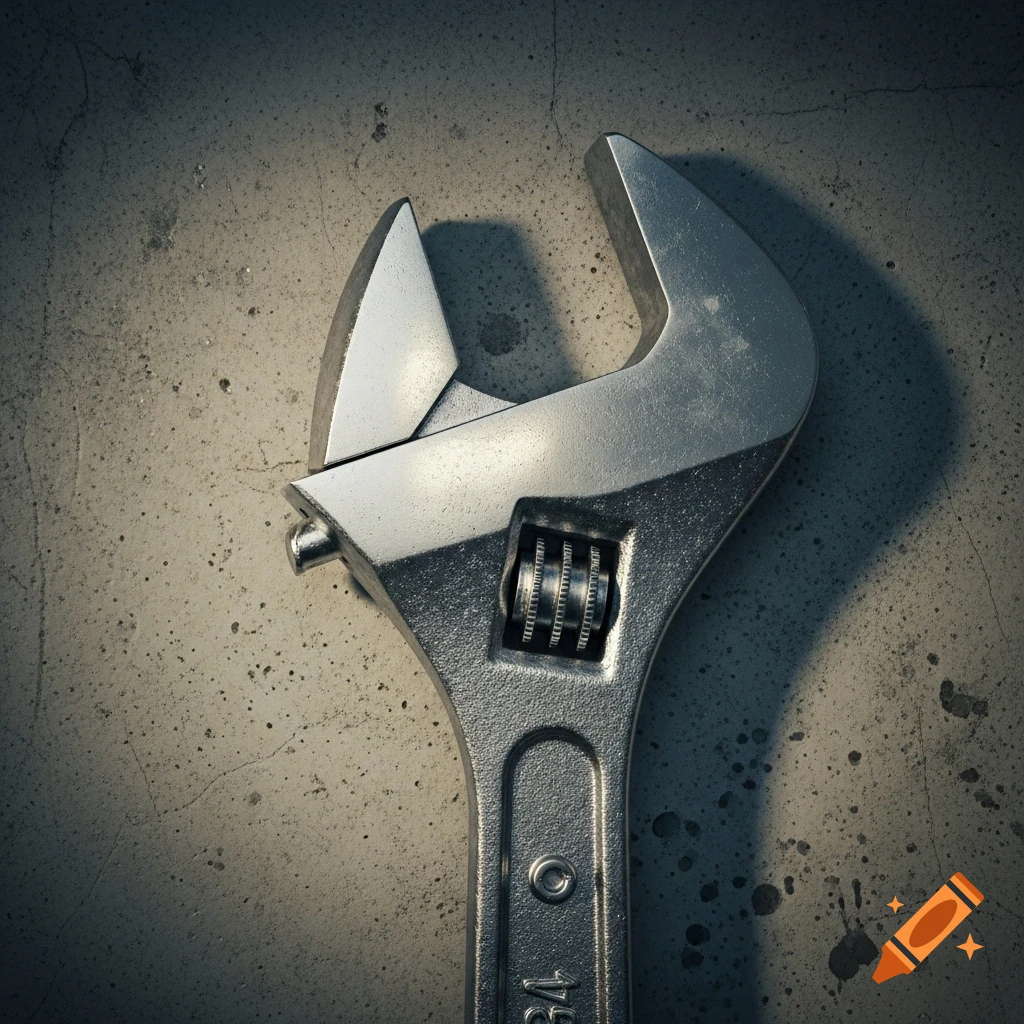 A silver adjustable wrench with metallic sheen lies diagonally on a textured gray concrete surface, lit from above.
