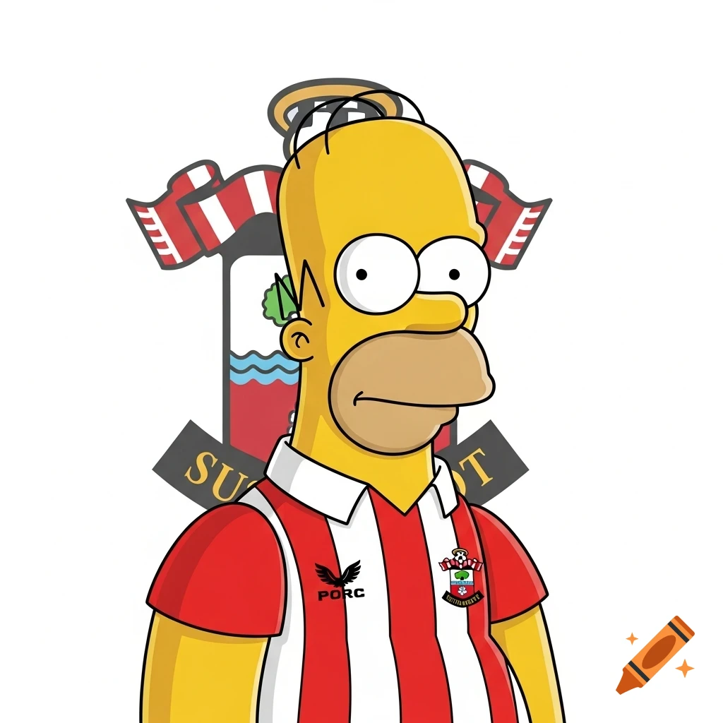 Homer Simpson in a red and white striped soccer jersey with a club crest, against a white background with a shadow of a crest, in The Simpsons art style.