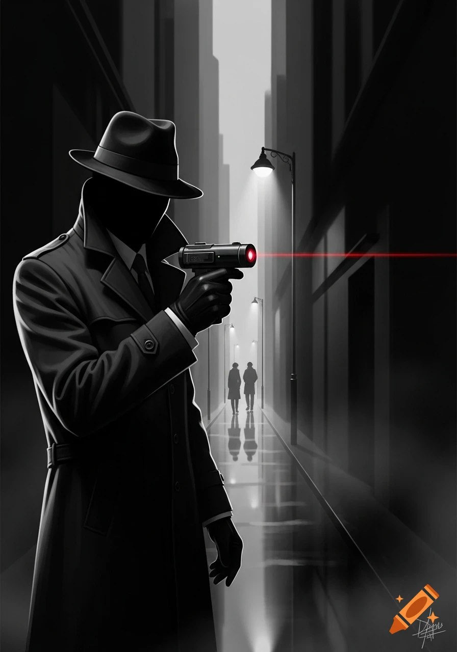 A black and white noir illustration of a faceless spy in a trench coat and hat, holding a laser device in a dark alley with two distant figures.