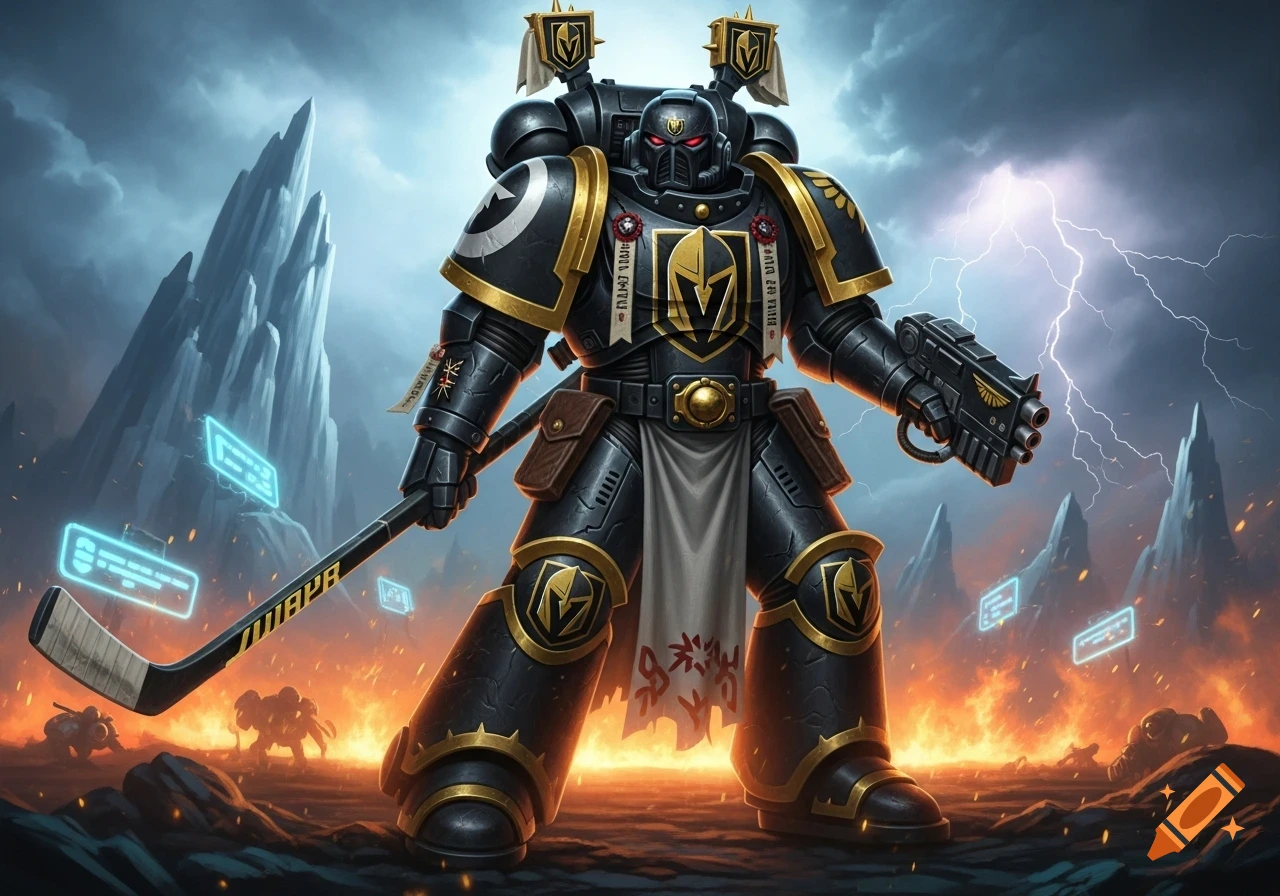 A Warhammer 40k Space Marine in black and gold armor, holding a hockey stick and a gun, on a fiery battlefield with lightning.