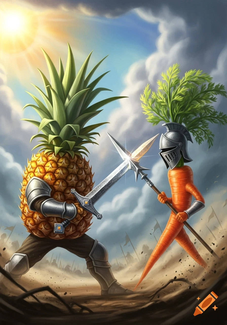 An anthropomorphic pineapple knight fighting a carrot knight with a sword and spear on a dusty fantasy battlefield.