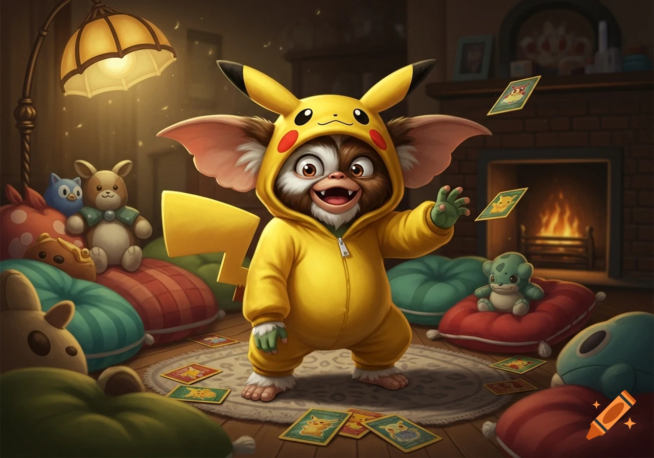 A cute Gremlin in a yellow Pikachu onesie waves, surrounded by Pokemon cards and plush pillows in a cozy room with a fireplace.