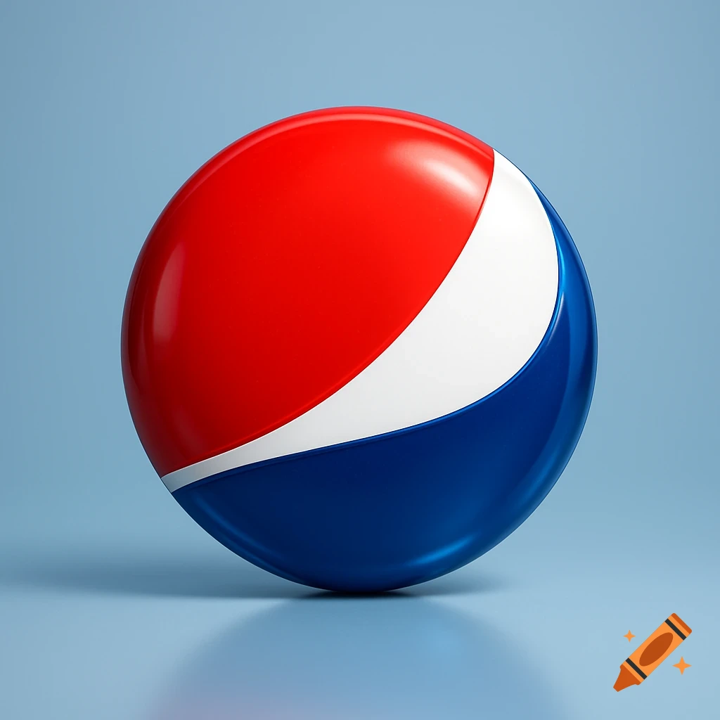 A glossy spherical object displaying the red, white, and blue Pepsi logo design rests on a light blue surface.