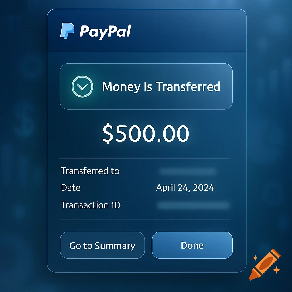 A stylized digital screen showing a PayPal money transfer confirmation for $500.00, dated April 24, 2024, with buttons for 'Go to Summary' and 'Done'.