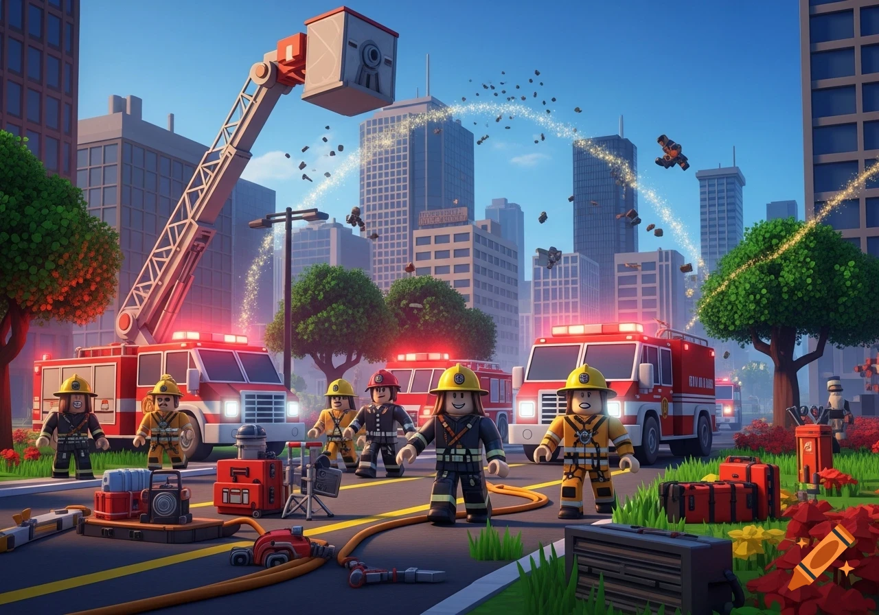 Roblox-style firefighters with fire trucks on a city street, responding to an emergency with equipment spread out.