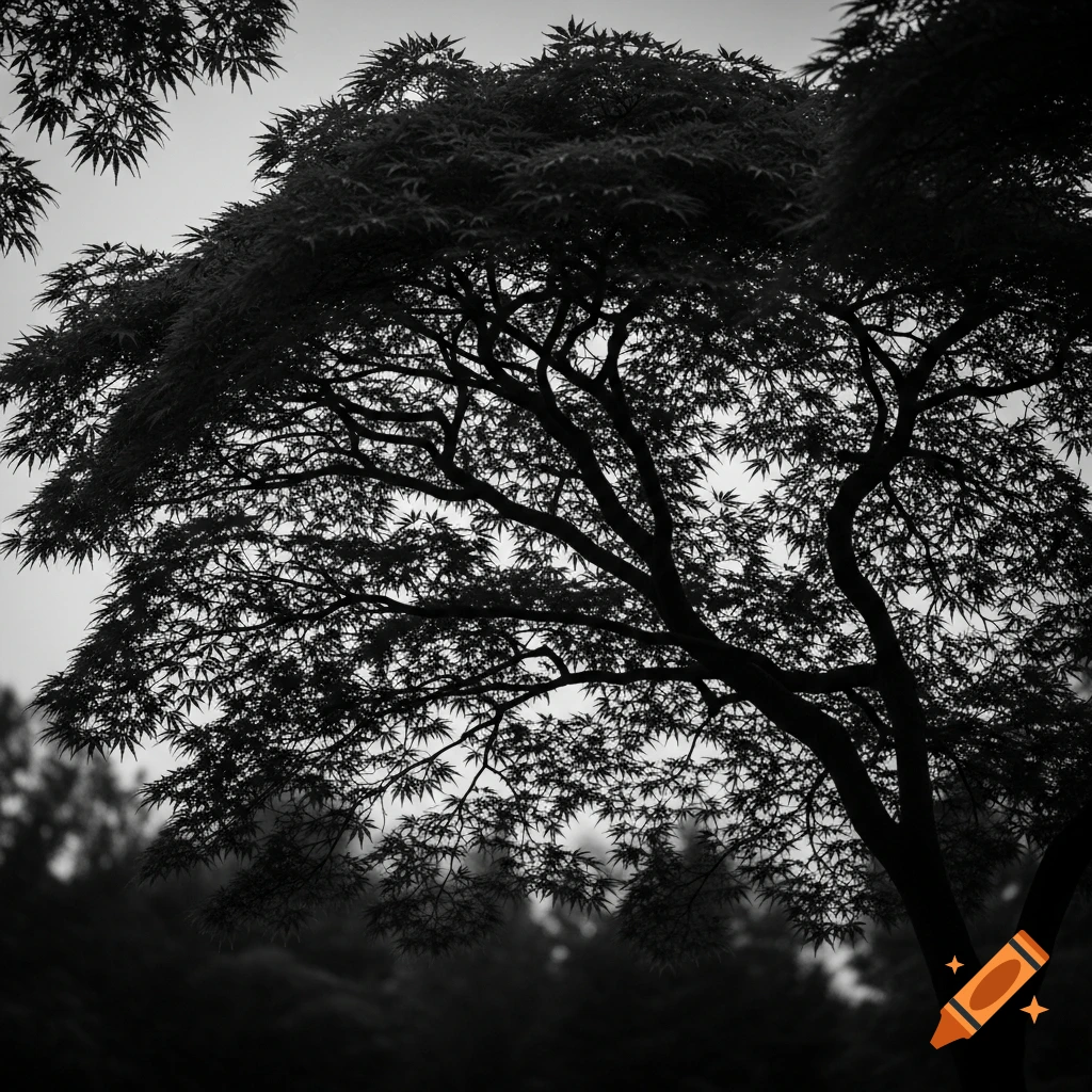 A striking black and white silhouette of a Japanese maple tree against a lighter sky, with intricate branches and leaves.
