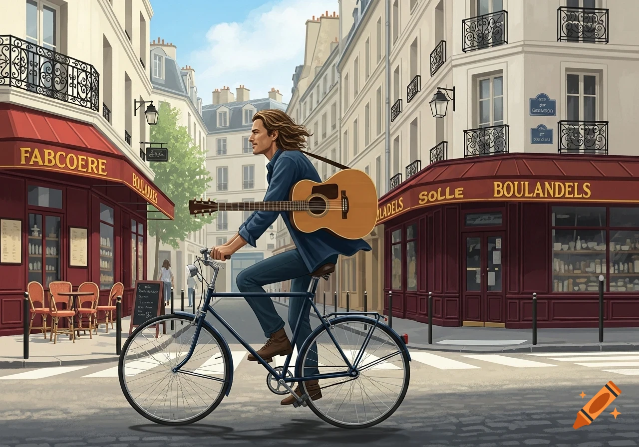 A stylized illustration of a man with long, flowing hair riding a bicycle through a sunny Parisian street, carrying an acoustic guitar on his back. Shops with red awnings line the street.