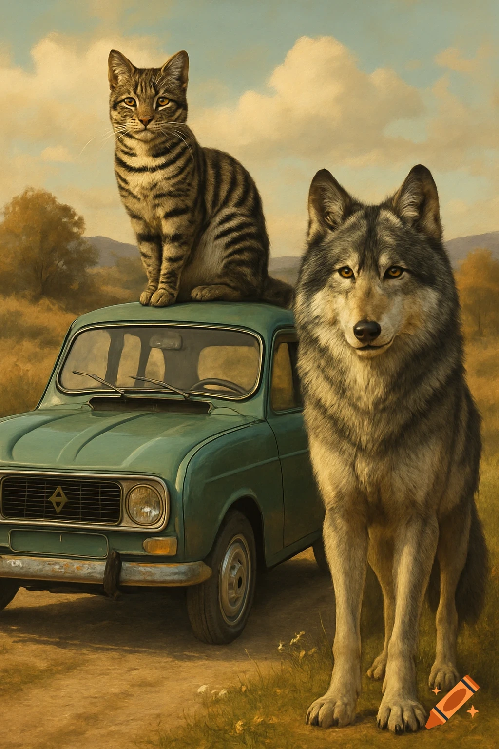 A photorealistic painting of a tabby cat sitting on a green Renault R4 car, with a wolf standing beside it in a sunny, grassy field.