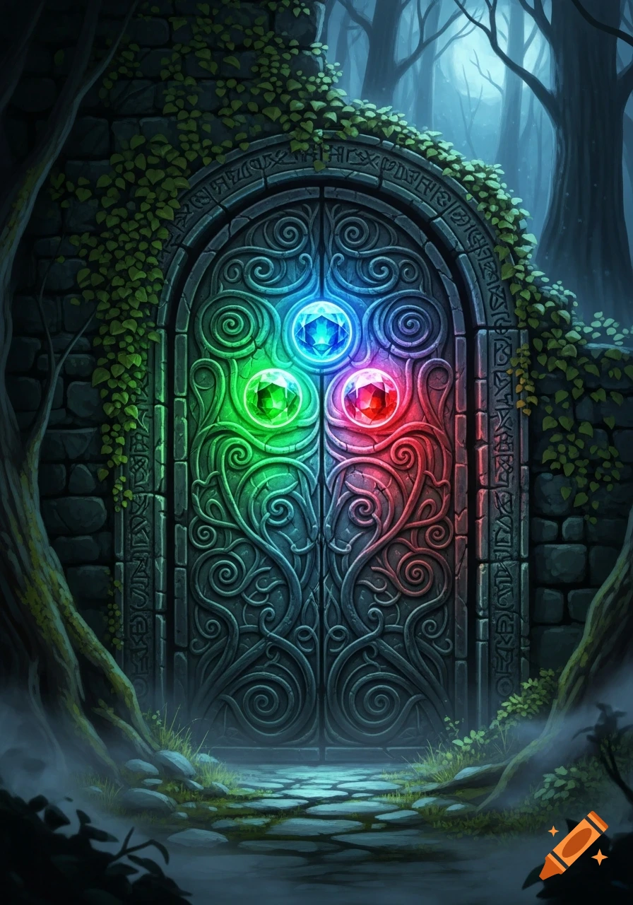 A vibrant fantasy art depiction of an ancient stone door adorned with intricate carvings and three glowing crystal orbs (green, blue, red) in a mystical forest setting.