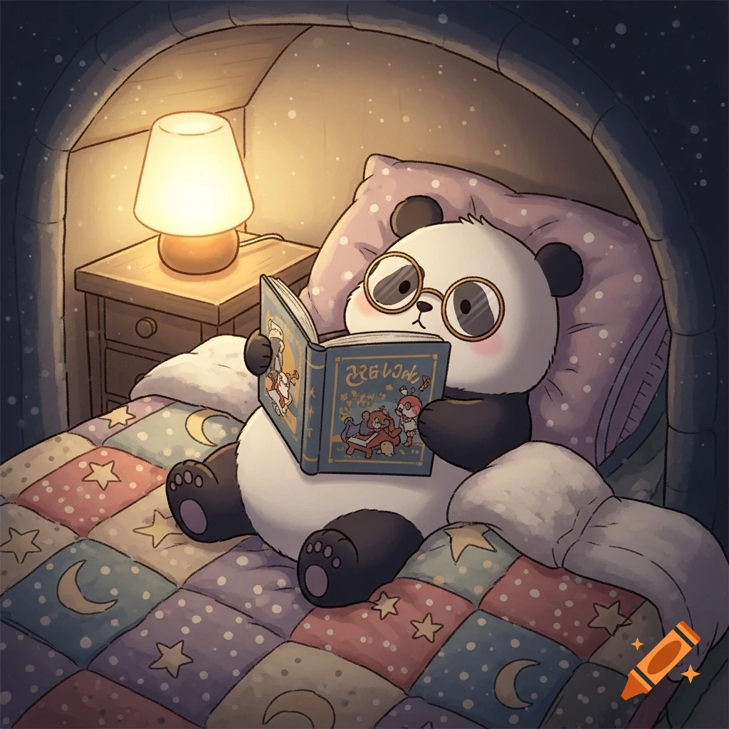 A cute cartoon panda with glasses is snuggled in bed, reading a book under the warm glow of a bedside lamp.