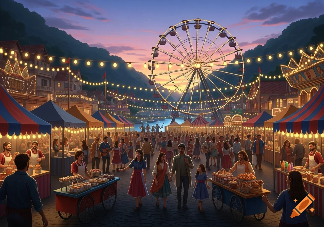 A vibrant, colorful illustration of a bustling night fair along a waterfront, featuring market stalls, a towering Ferris wheel, and numerous people.