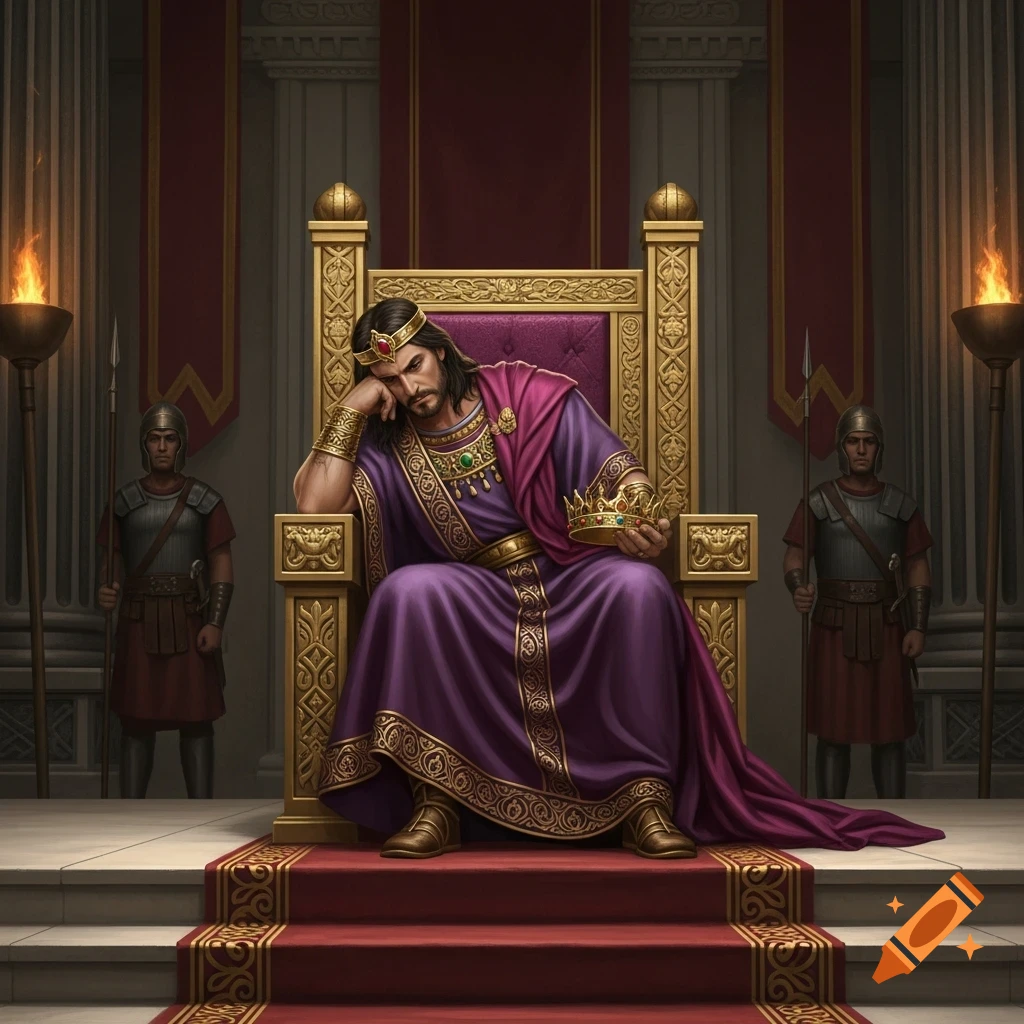 A pensive king in a purple and gold robe sits on his elaborate throne, holding his crown, flanked by two guards in a grand palace.