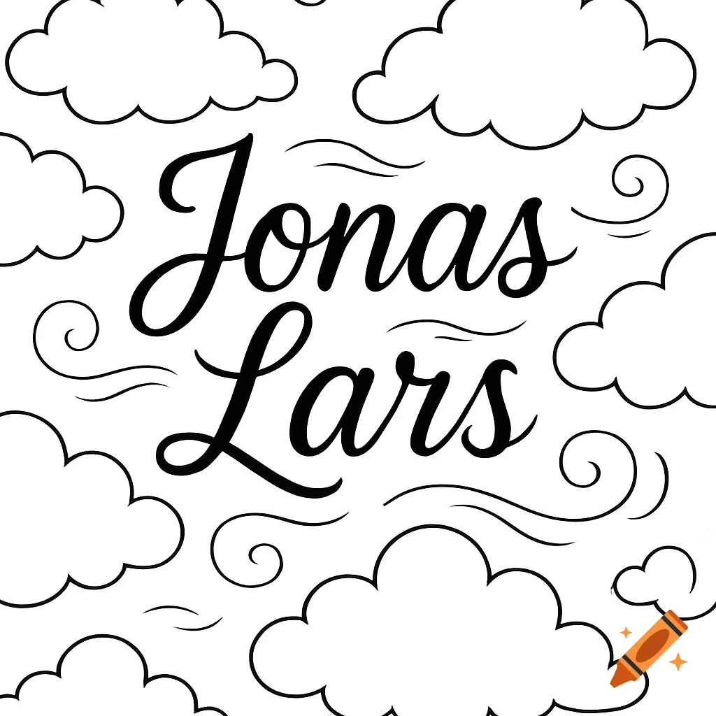 Black and white coloring page with 'Jonas Lars' in script font, surrounded by outlined clouds.