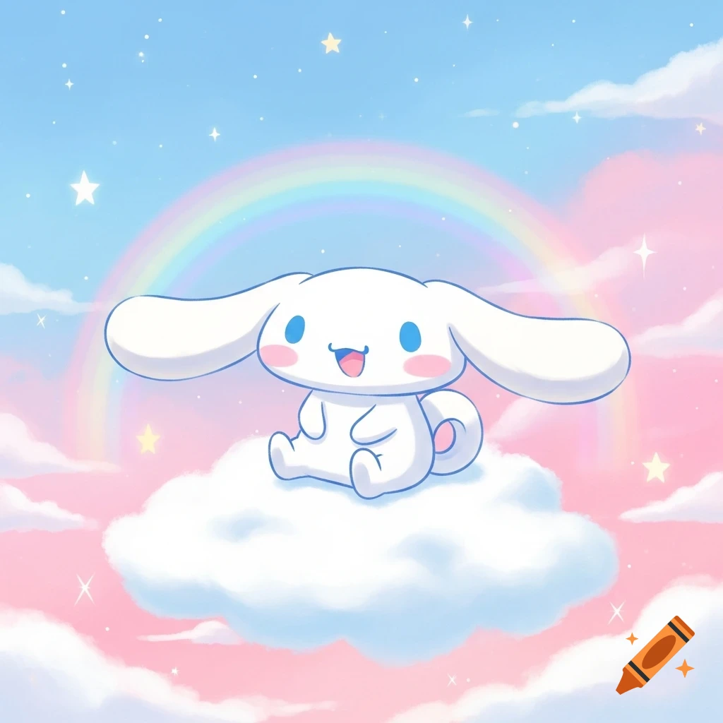 Cinnamoroll character floating on a white cloud in a pastel blue and pink sky with a rainbow and stars.