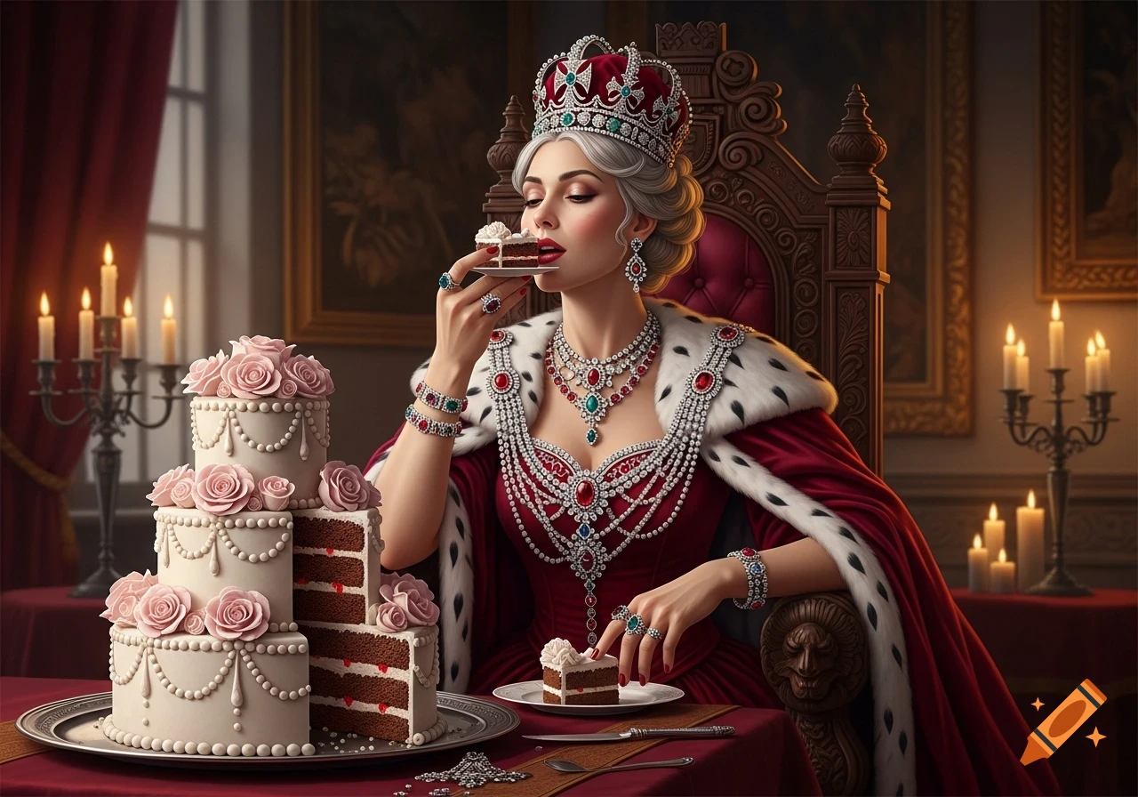 A queen in a red velvet gown, fur cape, and ornate crown, adorned with lavish jewels, delicately eats a slice of cake at a grand table with a multi-tiered cake and lit candles.