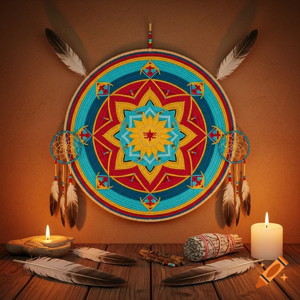 A vibrant Native American style mandala with dreamcatchers, feathers, candles, and sage on a wooden table against a warm wall.