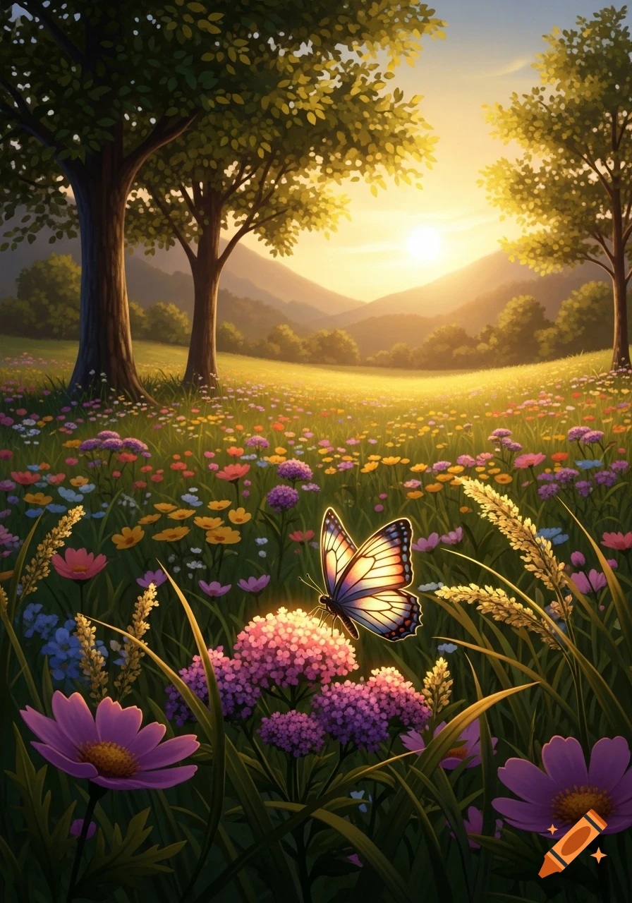 A vibrant field of colorful wildflowers and tall grass at sunset, with a butterfly on pink flowers. Trees frame the golden sky.