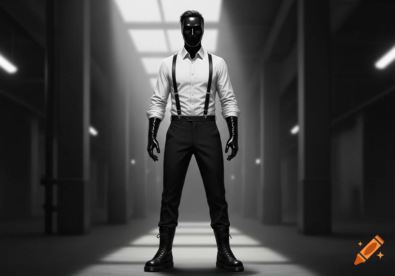 A man in a plain black full-face mask, white shirt, black suspenders, black pants, latex gloves, and combat boots stands in a dark hallway.