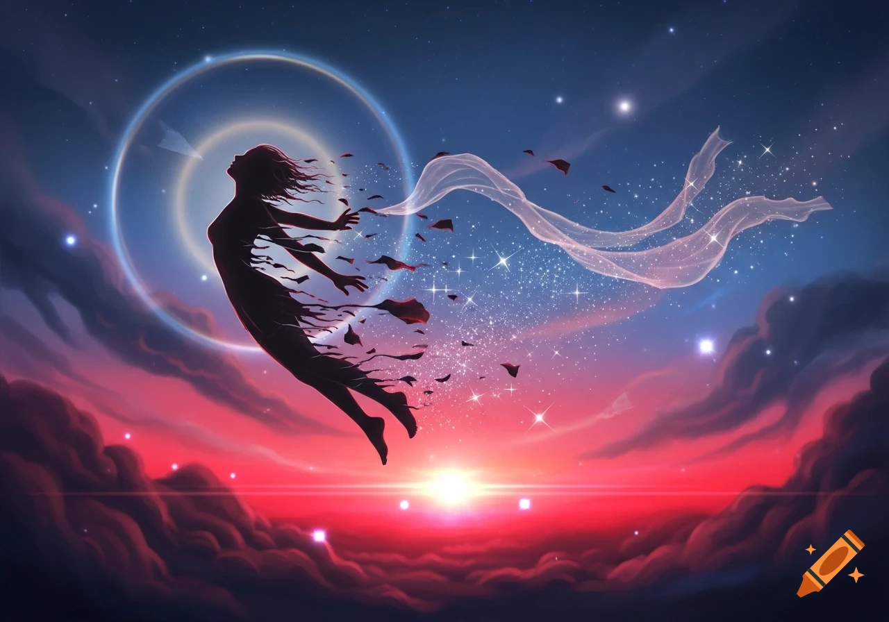 Ethereal silhouette of a person dissolving into particles and flowing fabric against a vibrant red and blue starry sky with a glowing ring.
