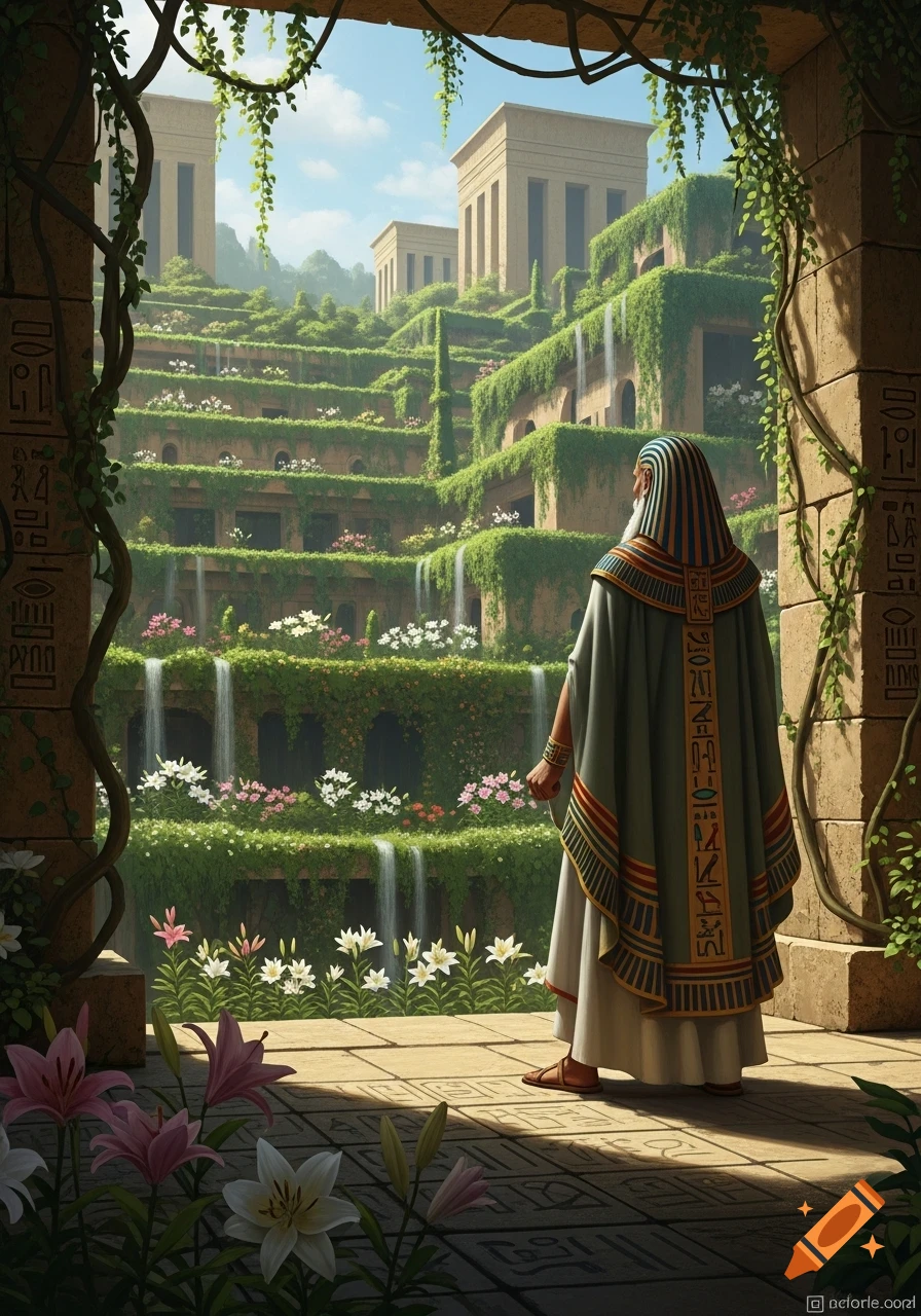 A robed figure with a striped headdress stands on a patio overlooking lush, tiered hanging gardens with waterfalls and ancient buildings in the background.