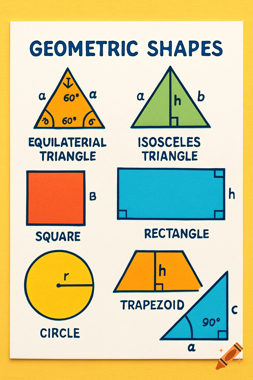 An educational poster displaying colorful geometric shapes like triangles, a square, rectangle, circle, and trapezoid, with labels for sides, angles, and dimensions.