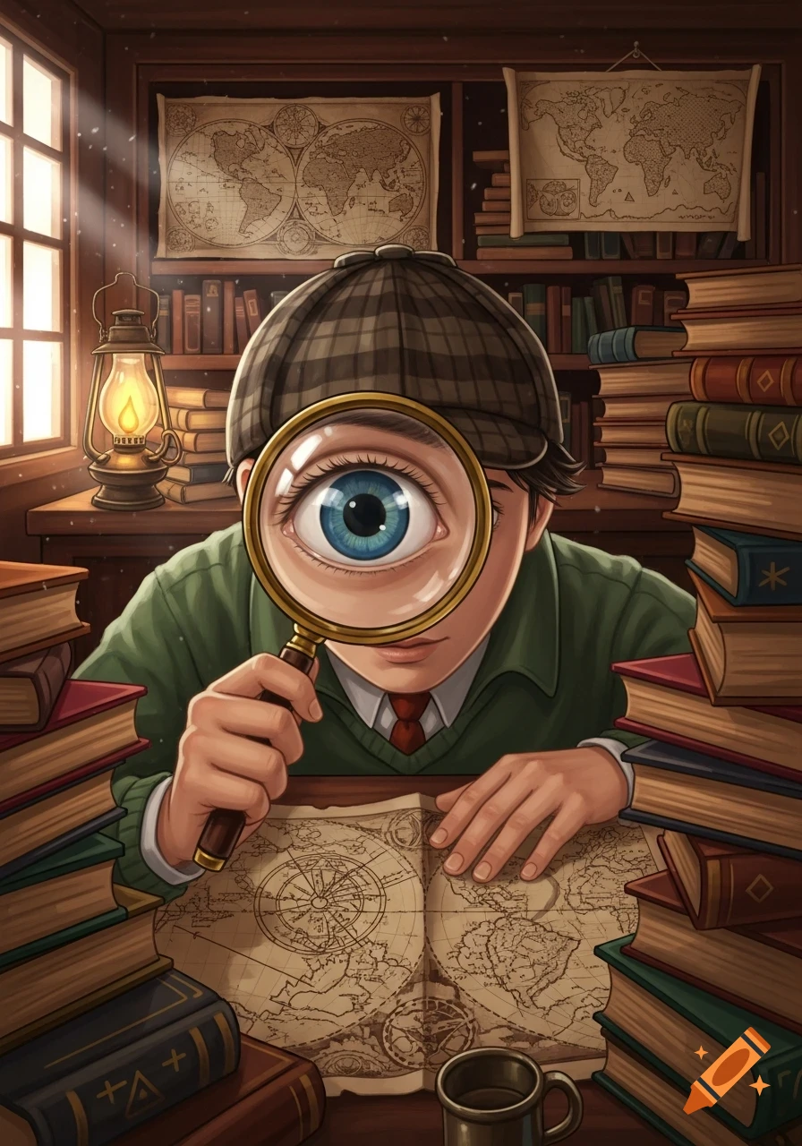 An illustration of a young person in a plaid cap looking through a magnifying glass at an old map, surrounded by books and a lantern.
