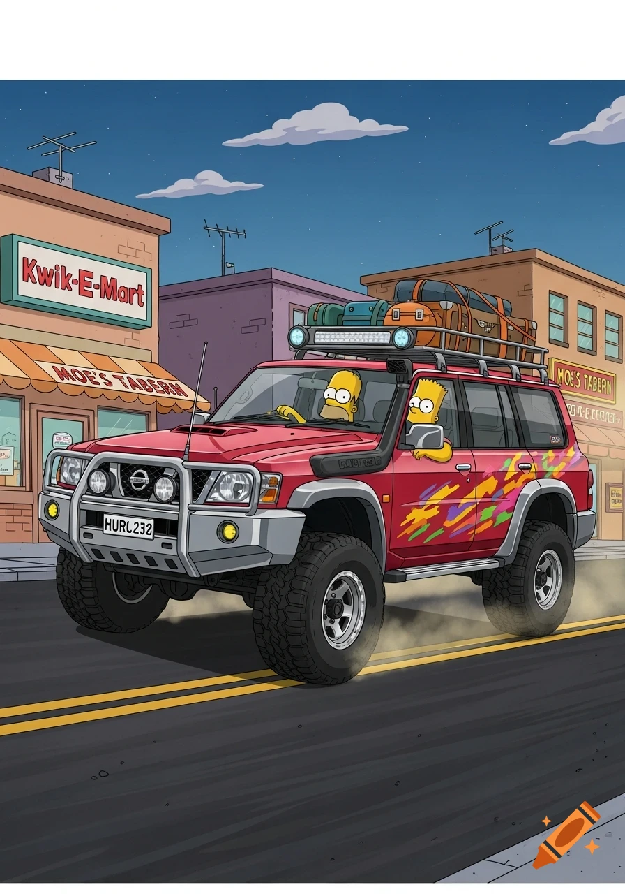 Homer and Bart Simpson in a red Nissan Patrol SUV with luggage on a street at night, passing Kwik-E-Mart and Moe's Tavern.