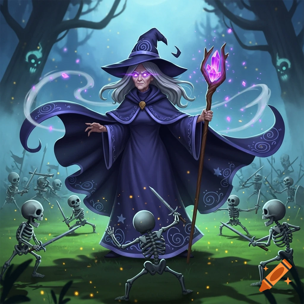 An old witch in a purple robe with glowing eyes commands an army of skeleton warriors in a mystical forest scene.
