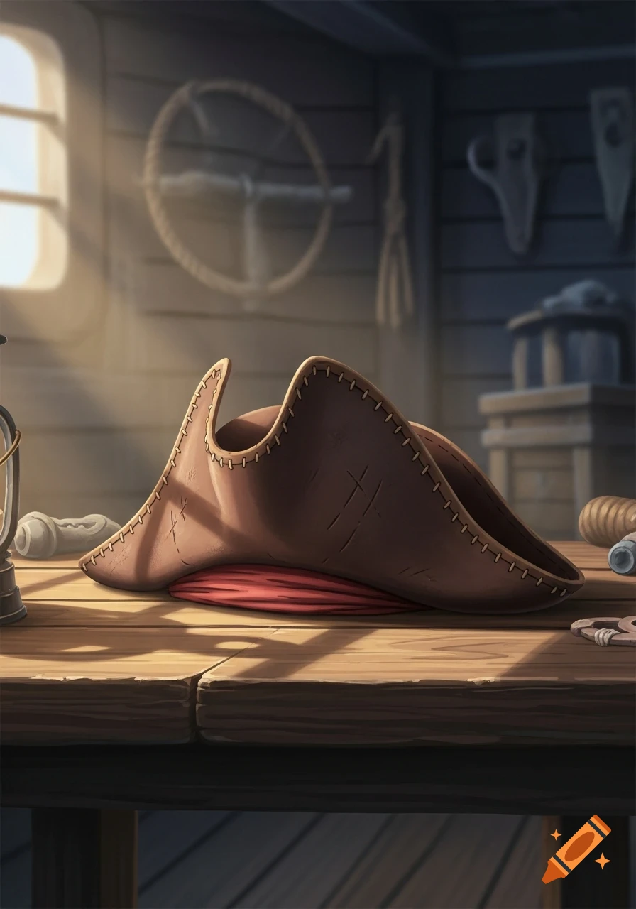 A brown tricorn pirate hat rests on a wooden table in a dimly lit, rustic cabin, rendered in a Ghibli-style cartoon.