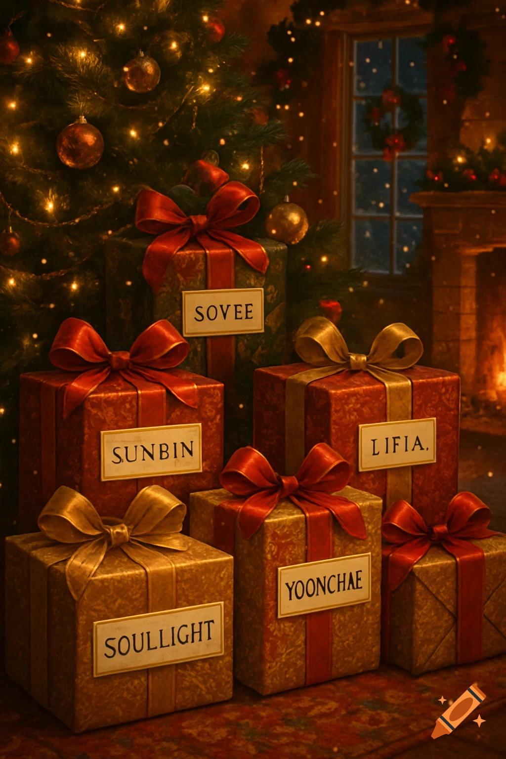 A close-up of several wrapped Christmas presents with red and gold bows under a twinkling Christmas tree by a fireplace, with snow visible outside a window.