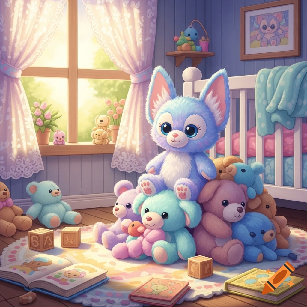 A charming nursery scene with various pastel plush toys, including a large blue fox-like creature, surrounding books and blocks on a rug.