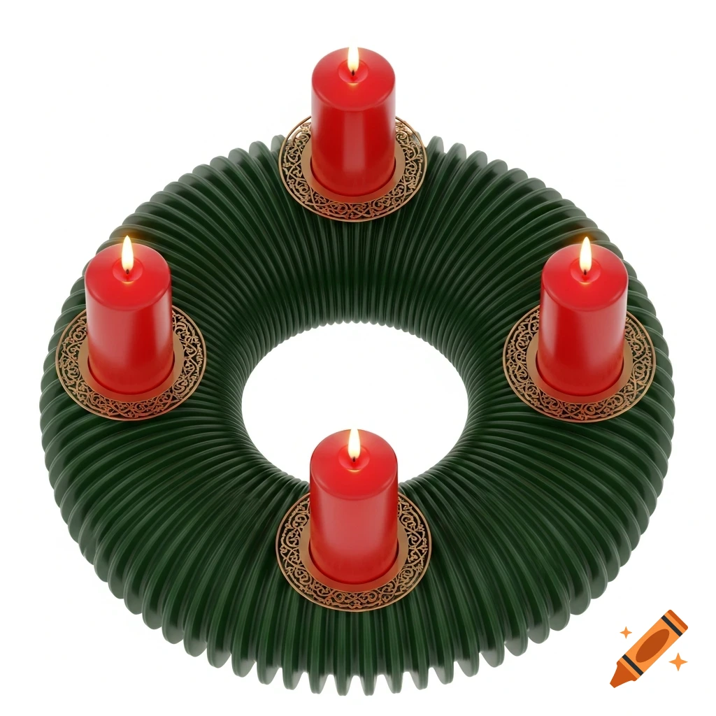 A modern deep green ribbed Advent wreath with four lit red candles in bronze holders, set on a white background.