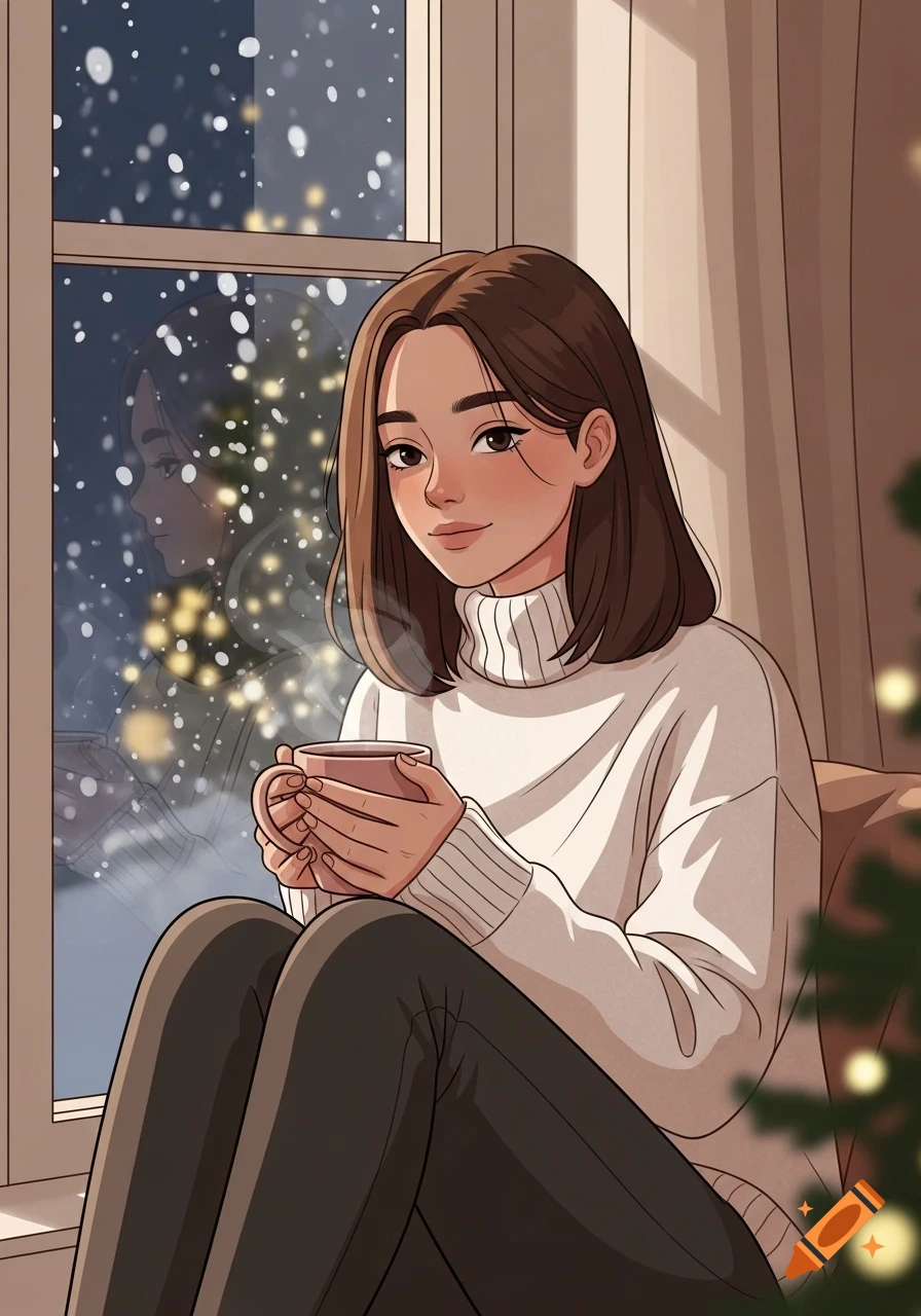 Cartoon illustration of a young woman in a white turtleneck, holding a steaming cup by a window with snow falling outside.