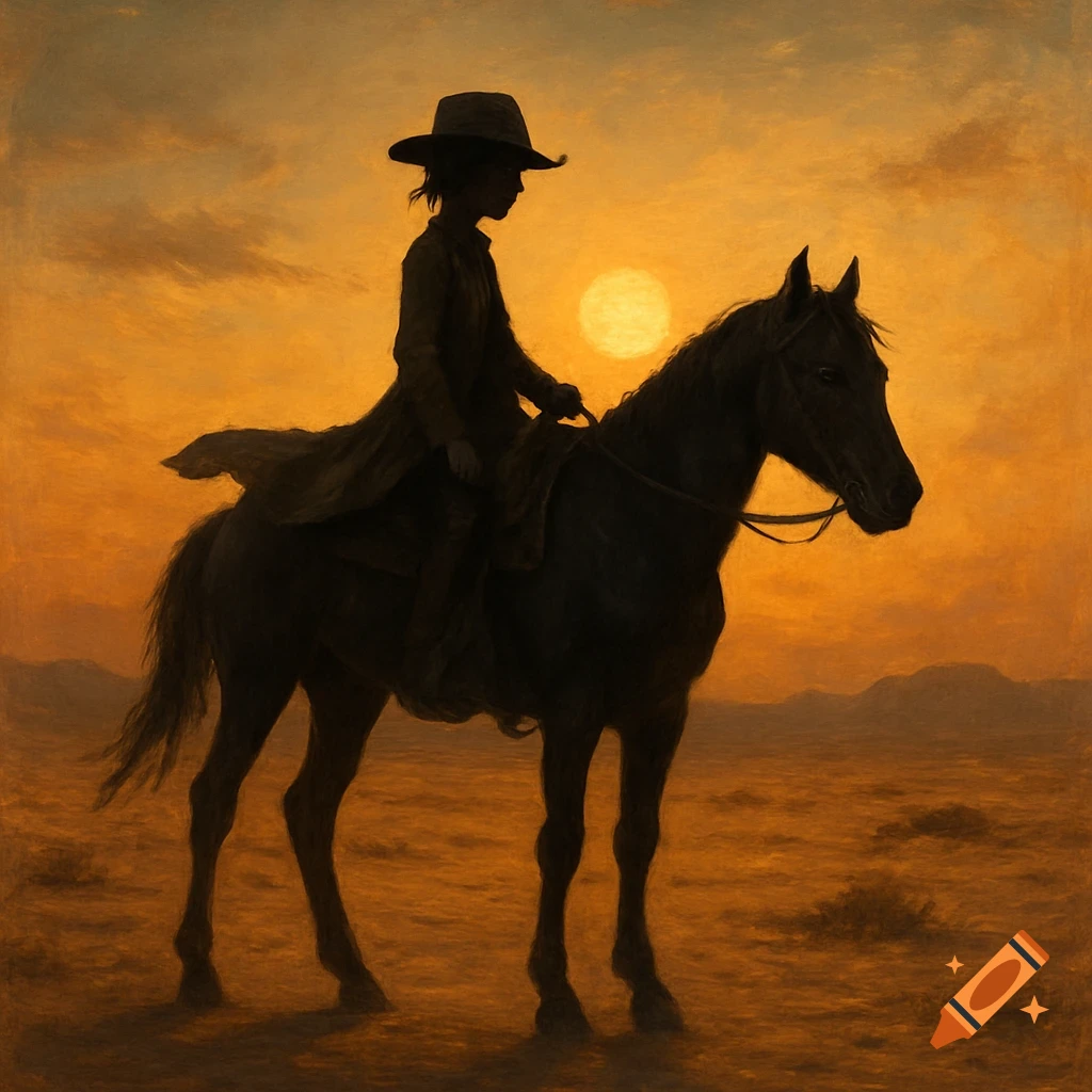 Silhouette of a person on horseback in a desert at sunset, in a painterly western style.