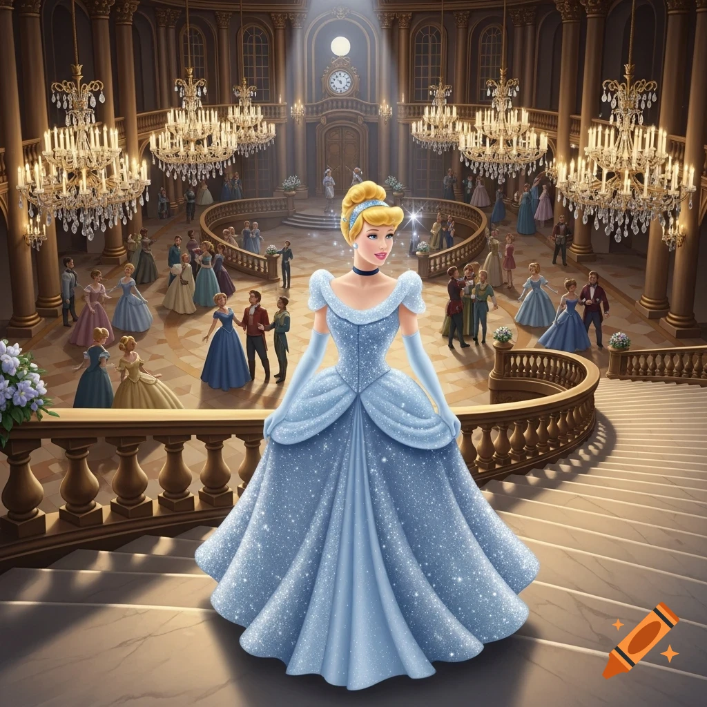 Cinderella in a sparkling blue ball gown stands on a grand staircase in a lavish ballroom, with other guests dancing in the background.