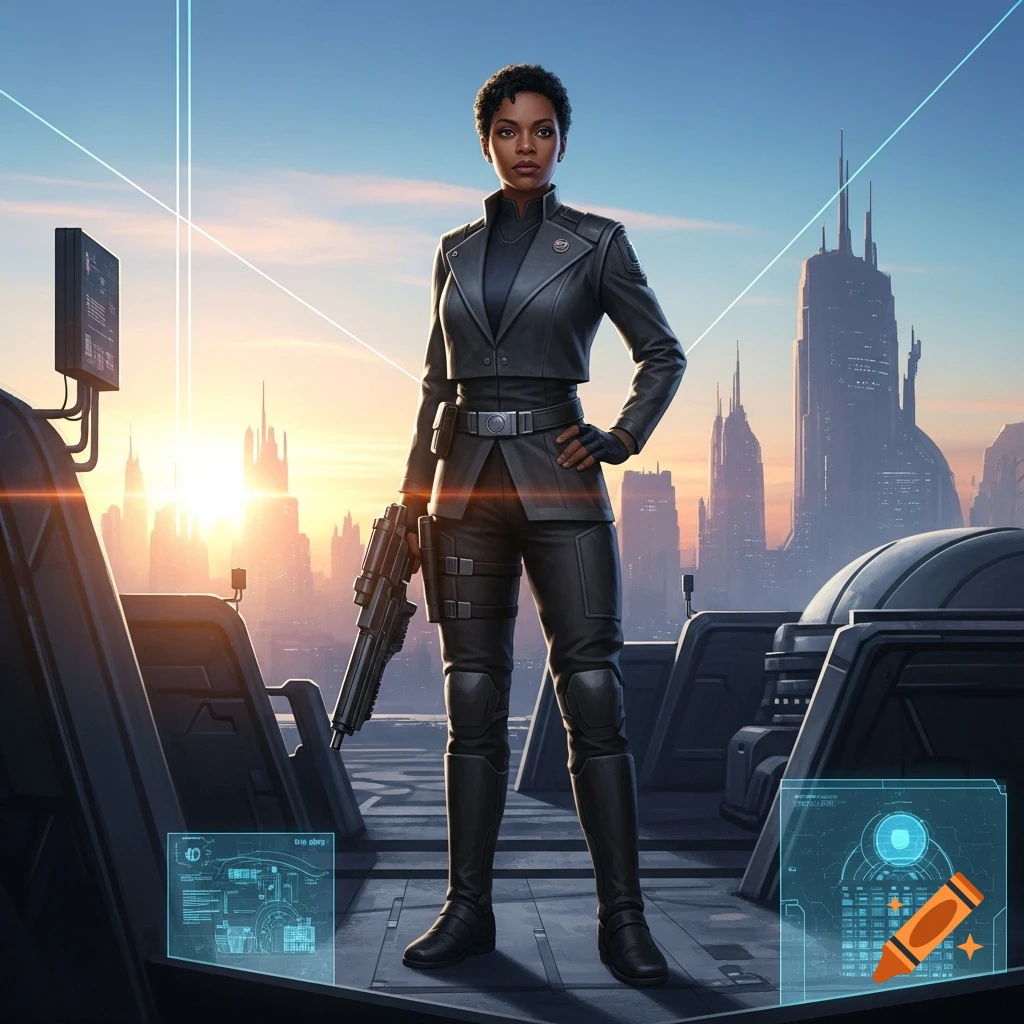 A dark-skinned woman with short hair stands in a sci-fi uniform, holding a weapon, on a platform overlooking a futuristic city at sunset.