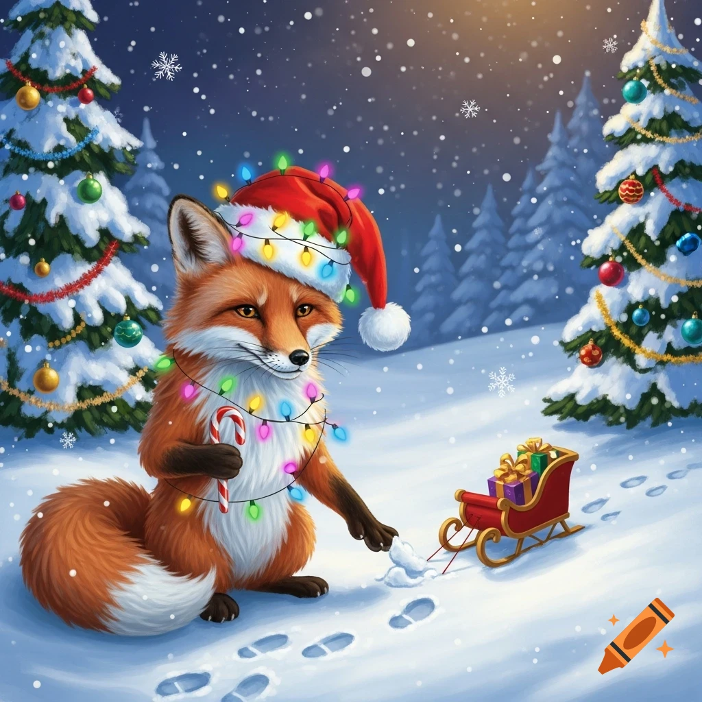 Cartoon fox in a Santa hat, tangled in Christmas lights, holding a candy cane, pulling a gift-filled sleigh in a snowy forest.