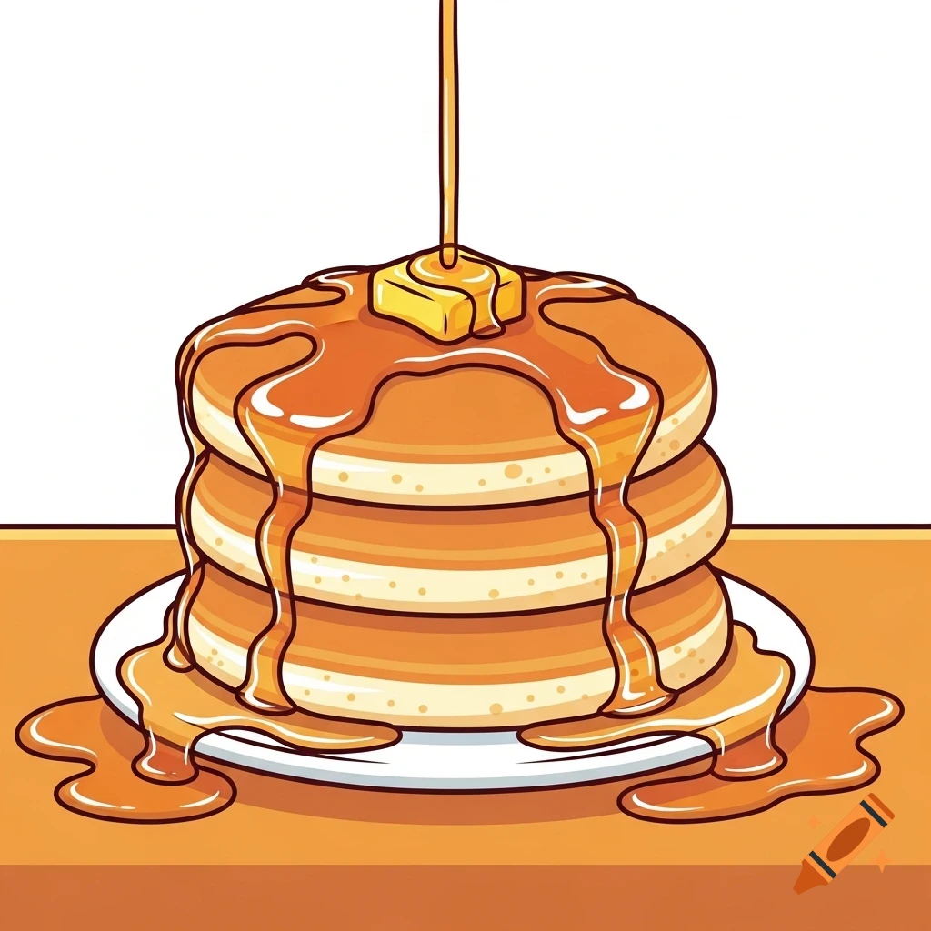 A cartoon illustration of a stack of three pancakes with a melting pat of butter and golden maple syrup pouring over them, on a white plate.