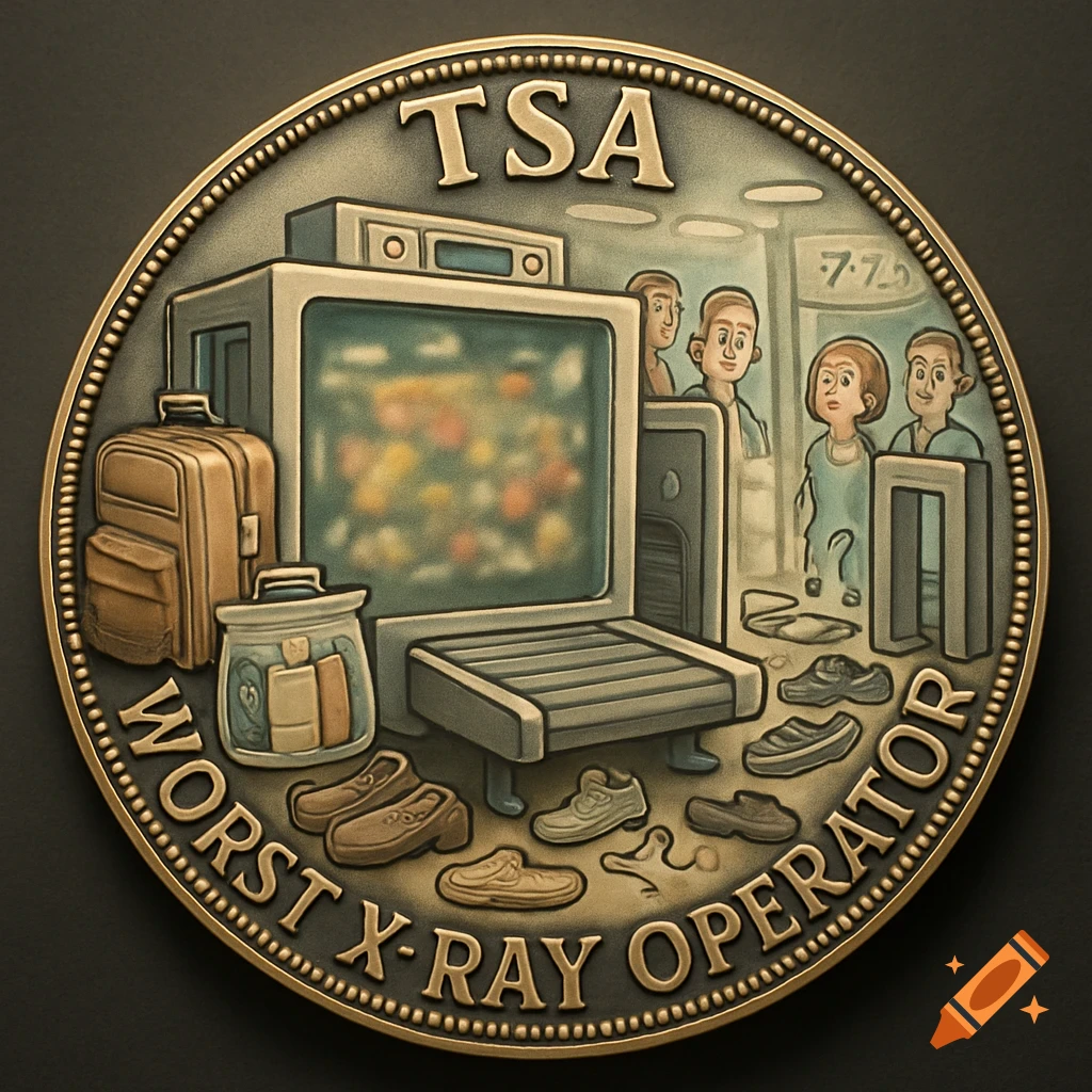 Bronze challenge coin depicting an airport security X-ray scene with text 'TSA' and 'WORST X-RAY OPERATOR'.