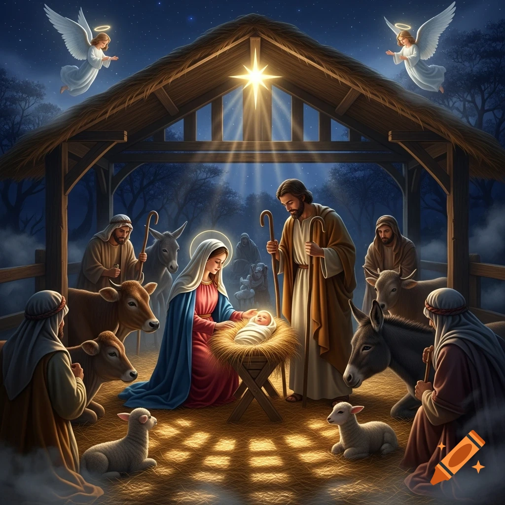 Detailed illustration of the Nativity scene with Mary, Joseph, and shepherds adoring baby Jesus in a manger, under a star and angels.