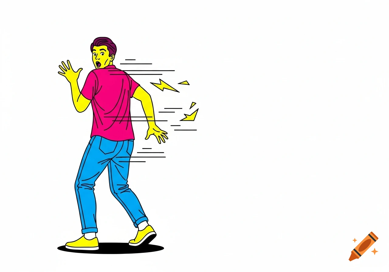 Stylized illustration of a man with bright yellow skin and pink shirt, looking startled over his shoulder with motion lines.