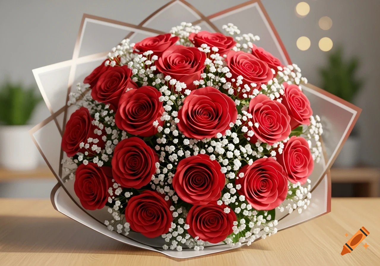 A vibrant bouquet of red roses and white baby's breath, wrapped in paper, sitting on a wooden table.