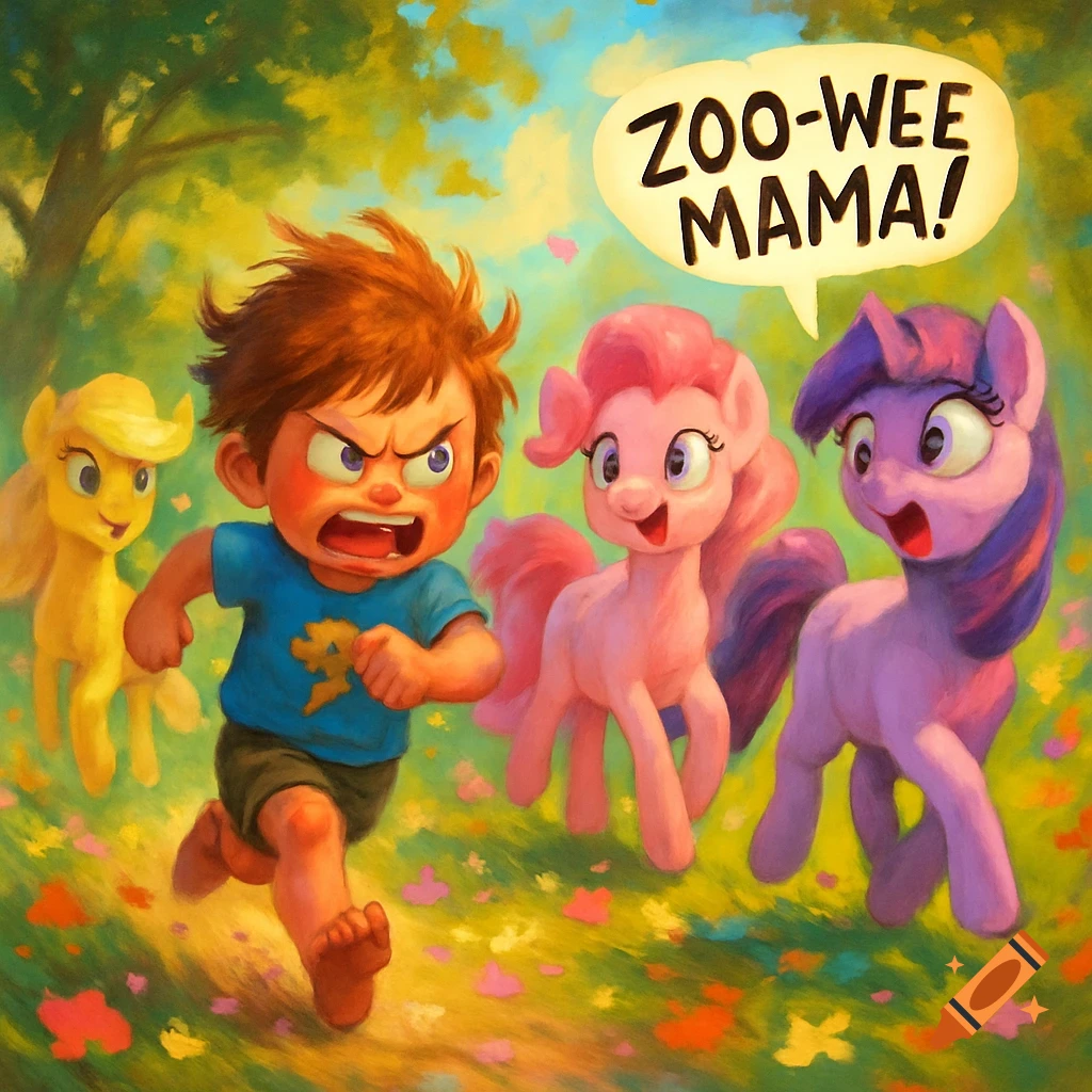 A furious cartoon boy chases three My Little Pony characters in a vibrant, painterly outdoor scene. One pony says, 'ZOO-WEE MAMA!'