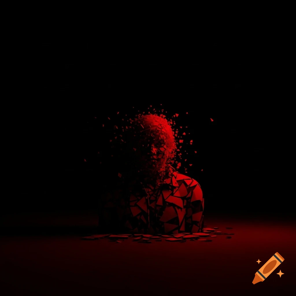 Abstract red fragmented figure dissolving into darkness against a black background.