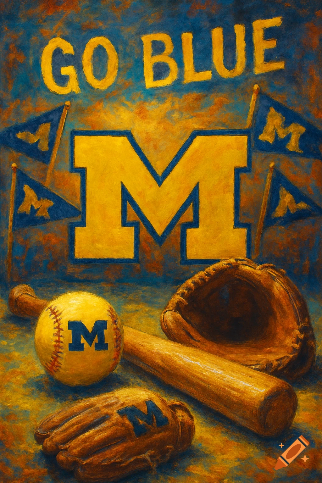 A painterly image with 'GO BLUE' text, a large yellow Block M, a baseball, bat, glove with 'M' logos, and maize-and-blue pennants.