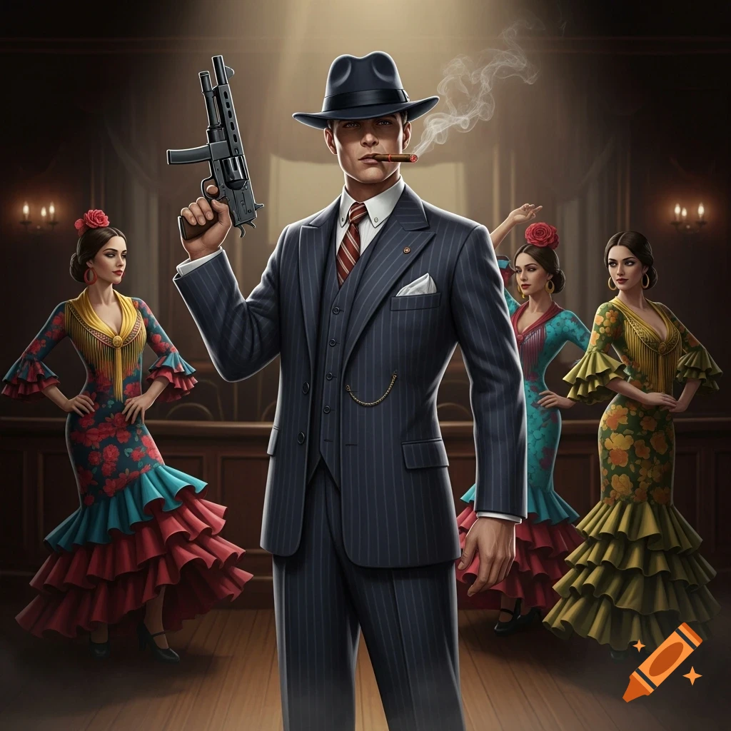 Digital art illustration of a gangster in a pinstripe suit, fedora, and cigar, holding a Tommy gun. Three women in vibrant Spanish dresses are in the background.