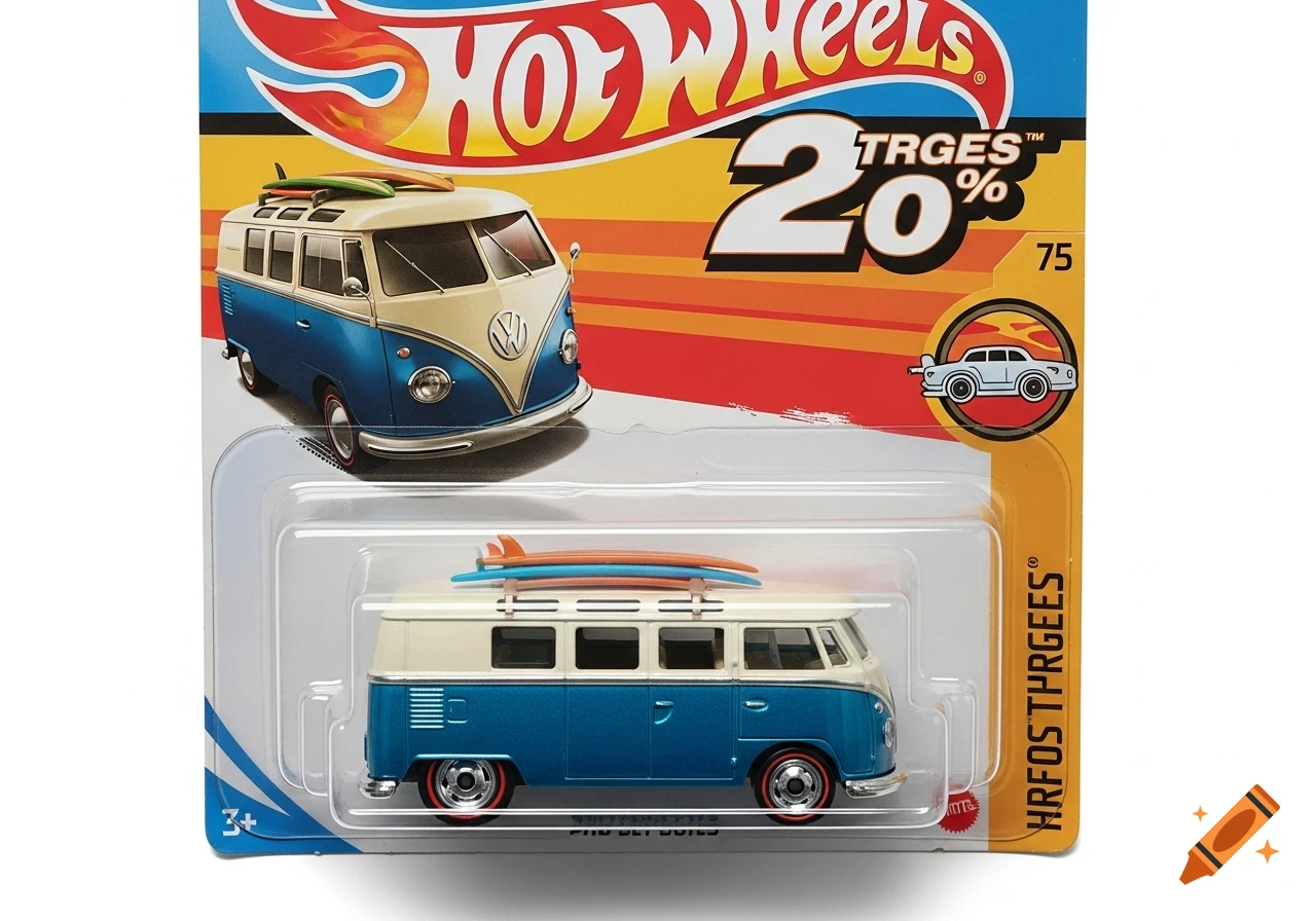A Hot Wheels Volkswagen Bus toy, blue and cream with surfboards on top, packaged in a clear blister pack against a colorful Hot Wheels card.